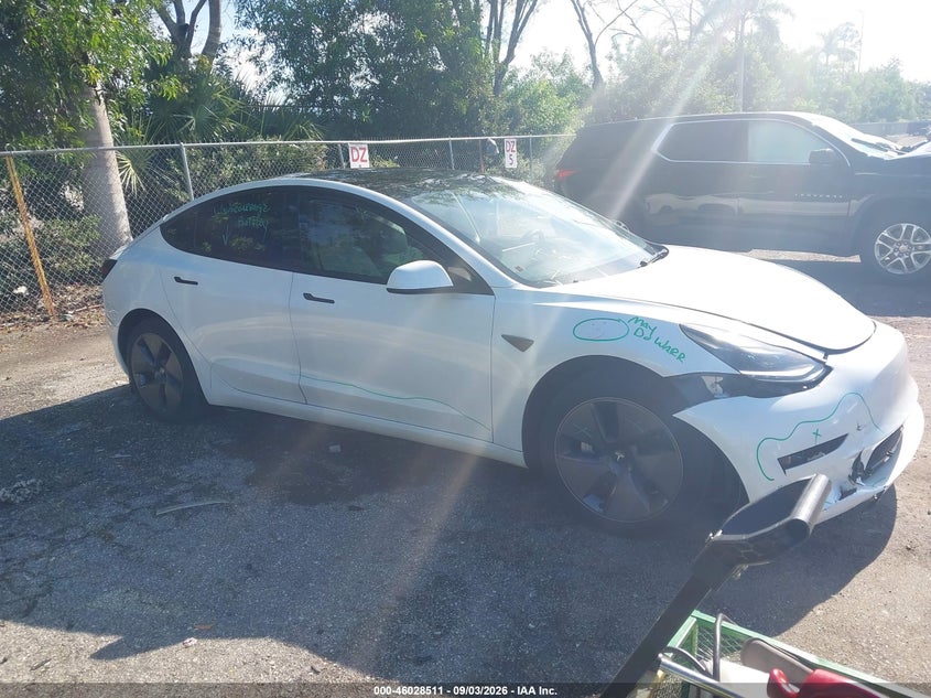 2023 Tesla Model 3 VIN 5YJ3E1EAXPF573800 IAAI salvage auction — FRONT END, Salvage Title, sold $8,700 on 2026-10-02 (photo 1)