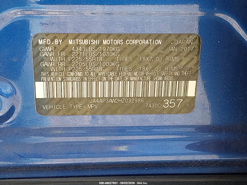 2017 Mitsubishi Outlander VIN JA4AP3AW2HZ032986 IAAI salvage auction — NORMAL WEAR, Original (Texas), sold $3,275 on 2026-09-10 (photo 9)