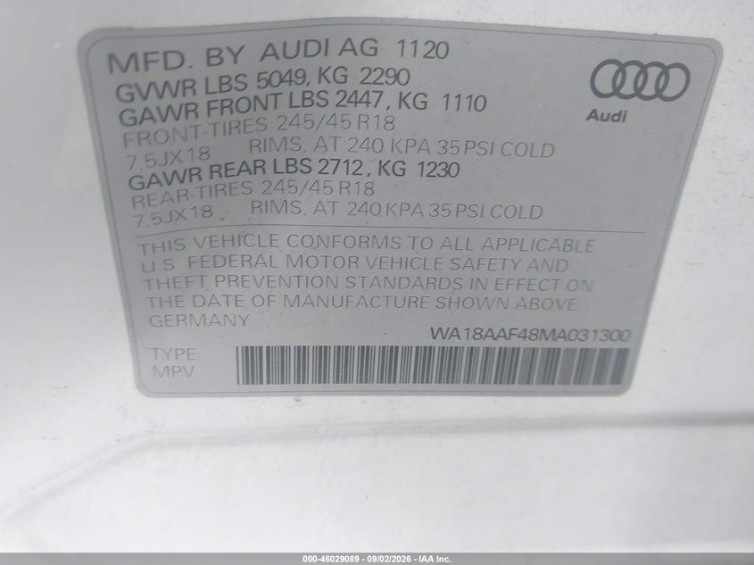 2021 Audi A4 allroad VIN WA18AAF48MA031300 IAAI salvage auction — WATER/FLOOD, Salvage Title, sold $11,200 on 2026-10-14 (photo 9)