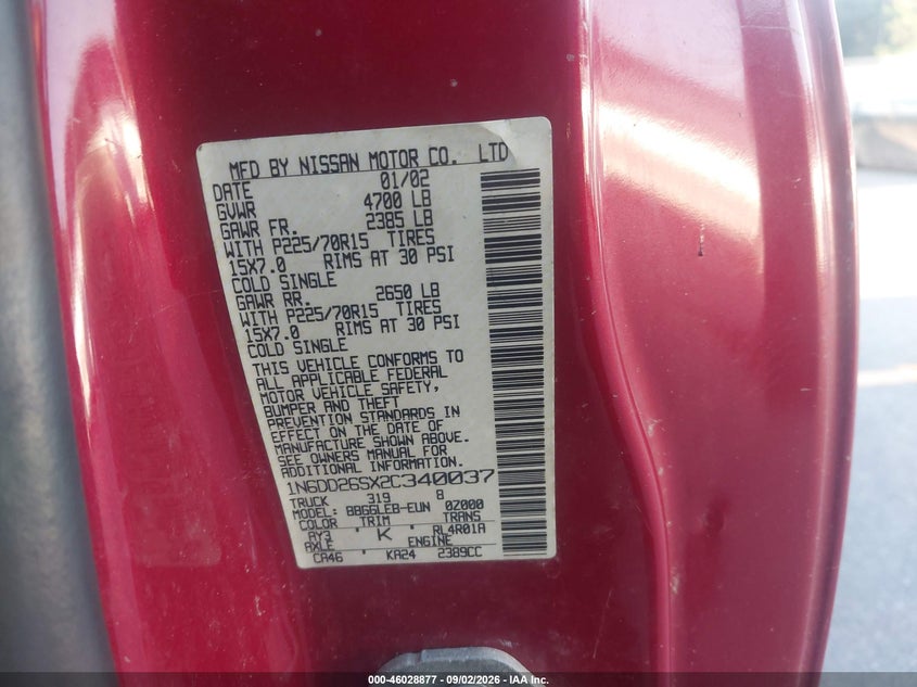 2002 Nissan Frontier VIN 1N6DD26SX2C340037 IAAI salvage auction — NORMAL WEAR, Clear (Georgia), sold $325 on 2026-10-05 (photo 9)