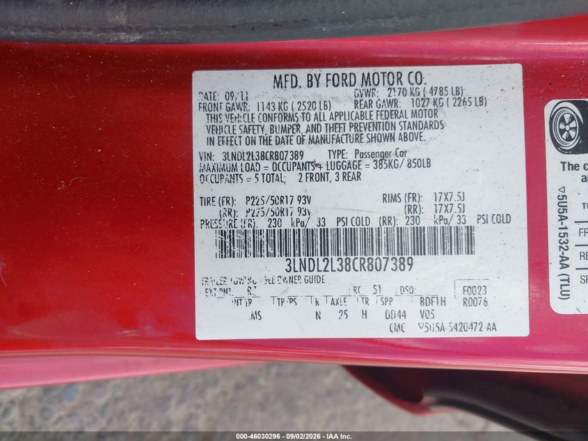 2012 Lincoln Mkz VIN 3LNDL2L38CR807389 IAAI salvage auction — REAR END, Wait Title, sold $400 on 2026-10-01 (photo 9)
