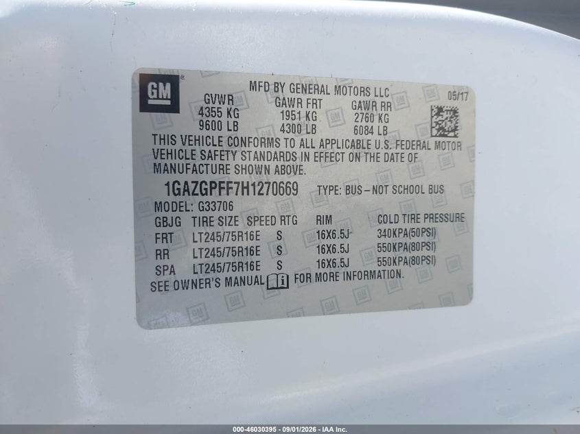2017 Chevrolet Express 3500 VIN 1GAZGPFF7H1270669 IAAI salvage auction — NORMAL WEAR, Sf97 (California), sold $15,950 on 2026-09-10 (photo 9)