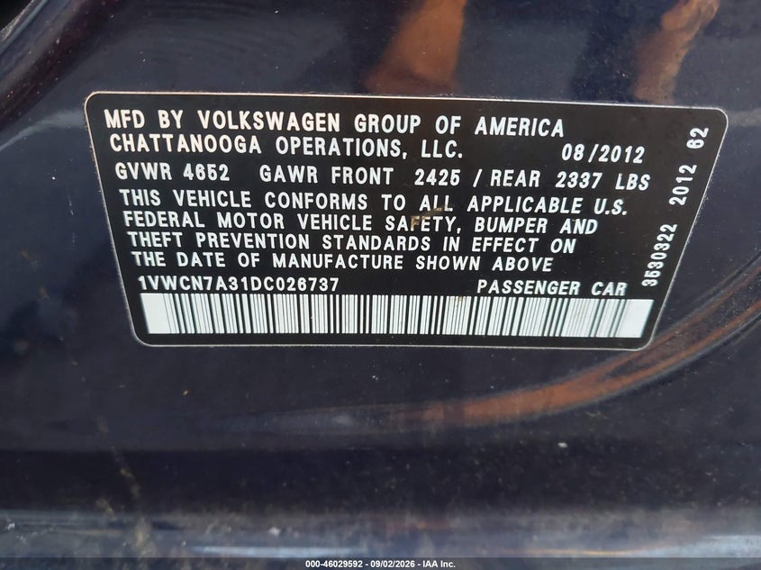 2013 Volkswagen Passat VIN 1VWCN7A31DC026737 IAAI salvage auction — NORMAL WEAR, Clear (Tennessee), sold $25 on 2026-09-29 (photo 9)