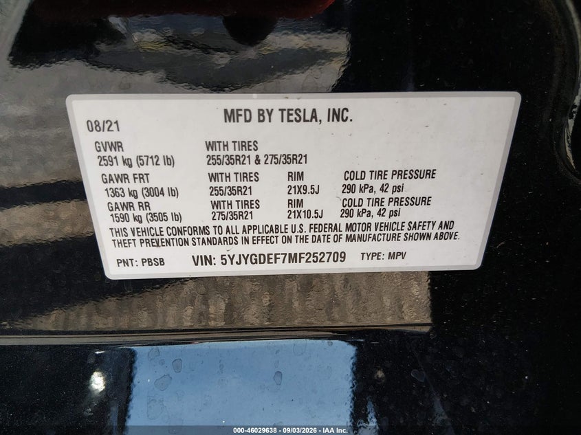 2021 Tesla Model y VIN 5YJYGDEF7MF252709 IAAI salvage auction — SIDE, Salvage Title, sold $10,500 on 2026-10-04 (photo 9)