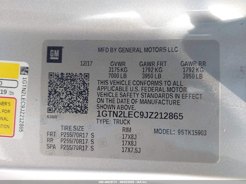 2018 Gmc SIERRA VIN 1GTN2LEC9JZ212865 IAAI salvage auction — FRONT END, Salvage Title, sold $5,000 on 2026-09-26 (photo 9)