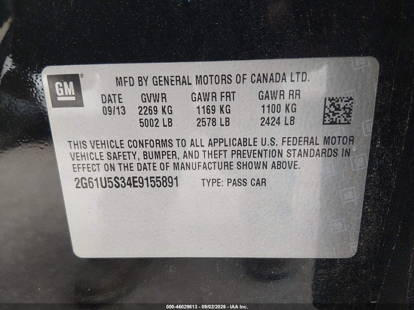 2014 Cadillac Xts VIN 2G61U5S34E9155891 IAAI salvage auction — REAR END, Salvage Title, sold $900 on 2026-09-21 (photo 9)