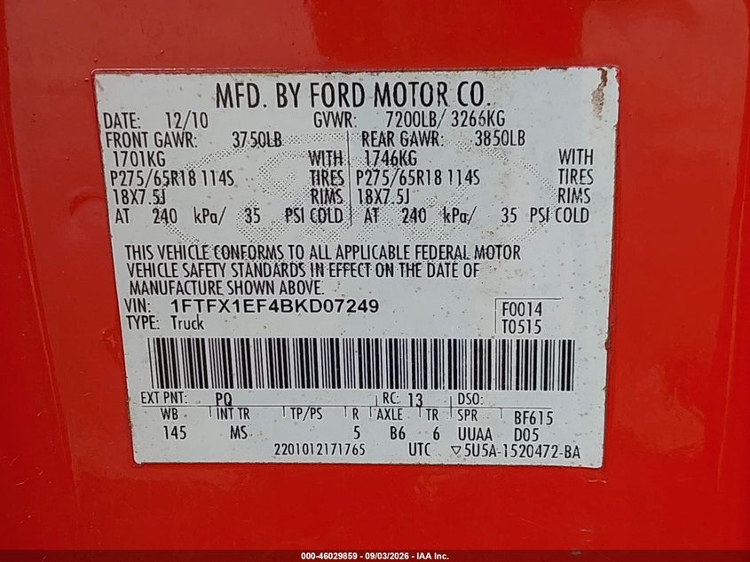 2011 Ford F-150 VIN 1FTFX1EF4BKD07249 IAAI salvage auction — FRONT & REAR, Clear (Pennsylvania), sold $0 on 2026-10-04 (photo 9)