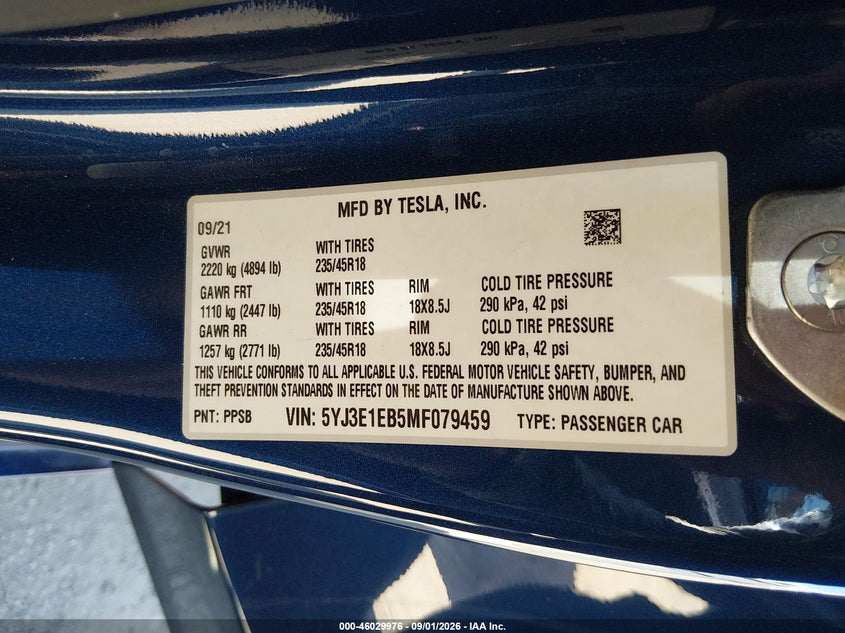 2021 Tesla Model 3 VIN 5YJ3E1EB5MF079459 IAAI salvage auction — NORMAL WEAR, Clear - Dealer Only (California), sold $5,550 on 2026-09-10 (photo 9)