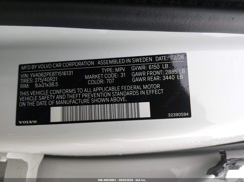 2026 Volvo Xc90 VIN YV4062PE8T1516131 IAAI salvage auction — RIGHT SIDE, Wait Title, sold $27,800 on 2026-09-16 (photo 9)