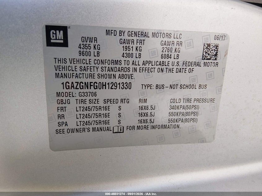 2017 Chevrolet Express 3500 VIN 1GAZGNFG0H1291330 IAAI salvage auction — NORMAL WEAR, SF97 (North Carolina), sold $11,800 on 2026-10-06 (photo 9)