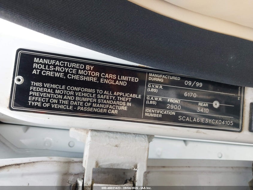 2000 Rolls-royce Silver seraph VIN SCALA61E3YCX04105 IAAI salvage auction — RIGHT REAR, Clear (Georgia), sold $8,600 on 2026-09-14 (photo 9)