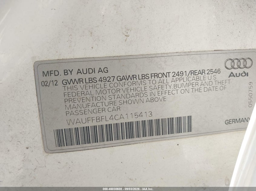 2012 Audi A4 VIN WAUFFBFL4CA115413 IAAI salvage auction — NORMAL WEAR, Clear (Indiana), sold $875 on 2026-09-10 (photo 9)
