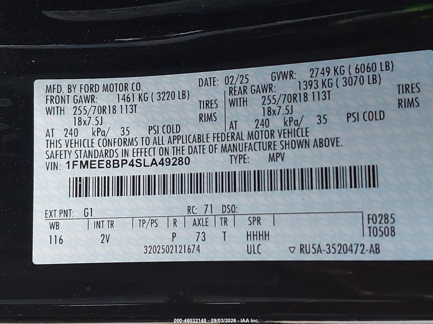 2025 Ford Bronco VIN 1FMEE8BP4SLA49280 IAAI salvage auction — REAR END, Wait Title, sold $27,600 on 2026-09-28 (photo 9)