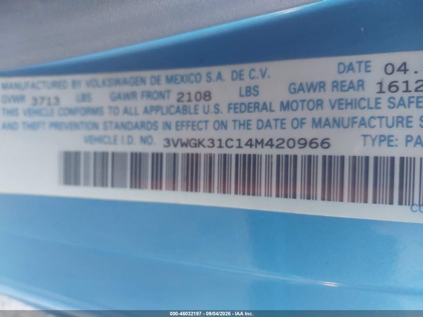 2004 Volkswagen Beetle VIN 3VWGK31C14M420966 IAAI salvage auction — UNKNOWN, Salvage (Arizona), sold $275 on 2026-09-29 (photo 9)