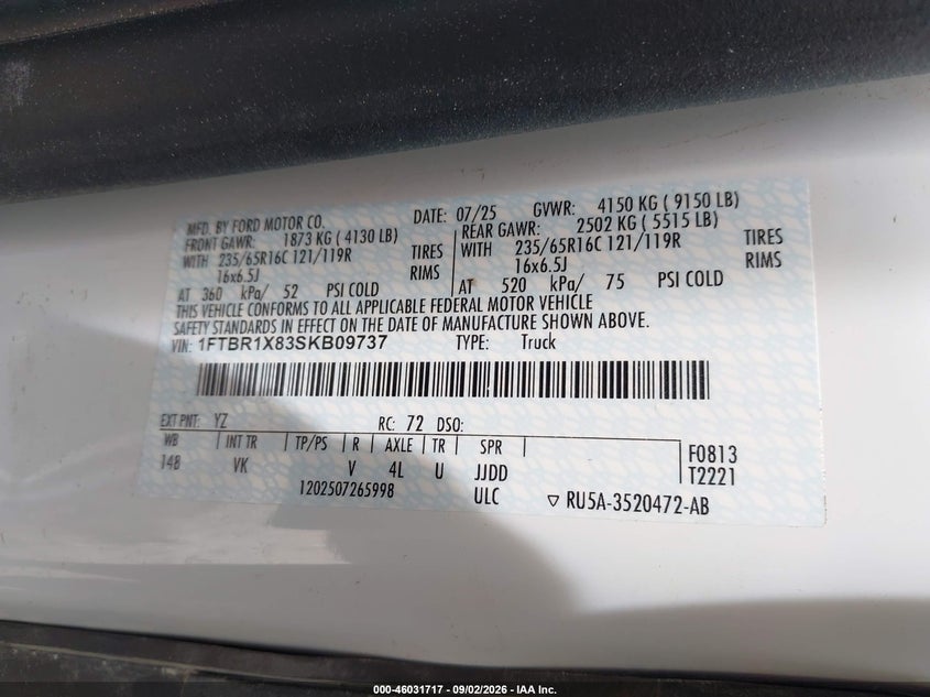 2025 Ford Transit VIN 1FTBR1X83SKB09737 IAAI salvage auction — ROOF, Wait Title, sold $18,250 on 2026-09-10 (photo 9)