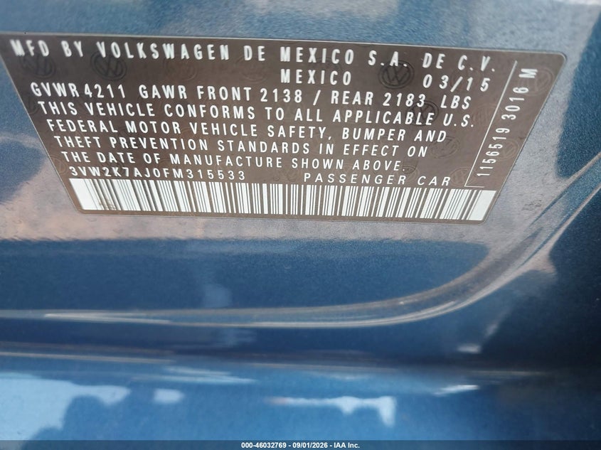 2015 Volkswagen Jetta VIN 3VW2K7AJ0FM315533 IAAI salvage auction — NORMAL WEAR, Clear-Dealer Only (North Carolina), sold $925 on 2026-09-15 (photo 9)
