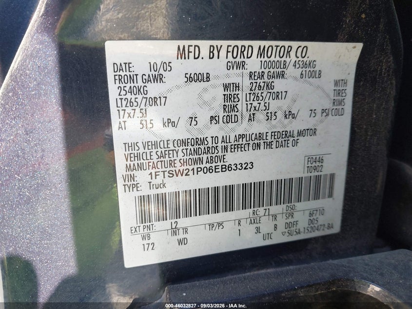2006 Ford F-250 VIN 1FTSW21P06EB63323 IAAI salvage auction — REAR END, Salvage (California), sold $2,050 on 2026-09-16 (photo 9)