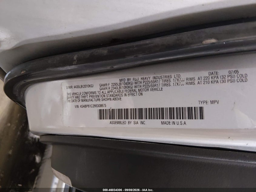 2006 Subaru Outback VIN 4S4BP61C266308675 IAAI salvage auction — NORMAL WEAR, Original (Alaska), sold $25 on 2026-09-27 (photo 9)