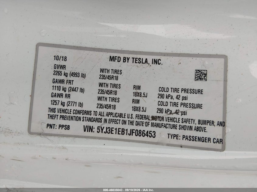 2018 Tesla Model 3 VIN 5YJ3E1EB1JF086453 IAAI salvage auction — REAR END, Salvage (Ohio), sold $4,650 on 2026-09-24 (photo 9)