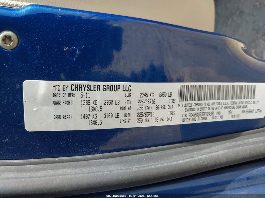 2011 Dodge Caravan VIN 2D4RN4DG3BR724381 IAAI salvage auction — NORMAL WEAR, Original (Texas), sold $750 on 2026-09-15 (photo 9)