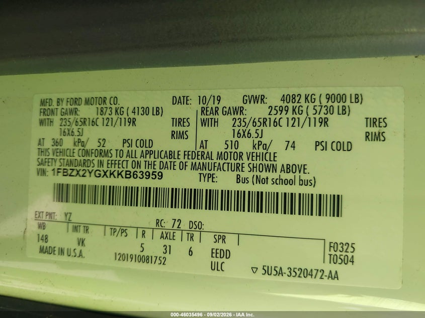 2019 Ford Transit VIN 1FBZX2YGXKKB63959 IAAI salvage auction — LEFT REAR, Wait Title, sold $1,250 on 2026-10-22 (photo 9)