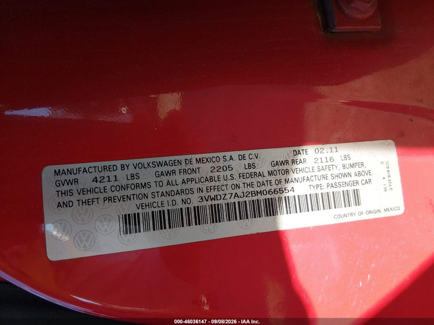 2011 Volkswagen Jetta VIN 3VWDZ7AJ2BM066554 IAAI salvage auction — NORMAL WEAR, Original (New Hampshire), sold $600 on 2026-09-13 (photo 9)