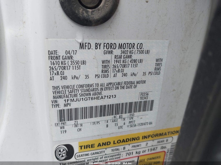 2017 Ford Expedition VIN 1FMJU1GT6HEA71213 IAAI salvage auction — NORMAL WEAR, Sf97 (Oregon), sold $8,075 on 2026-09-10 (photo 9)