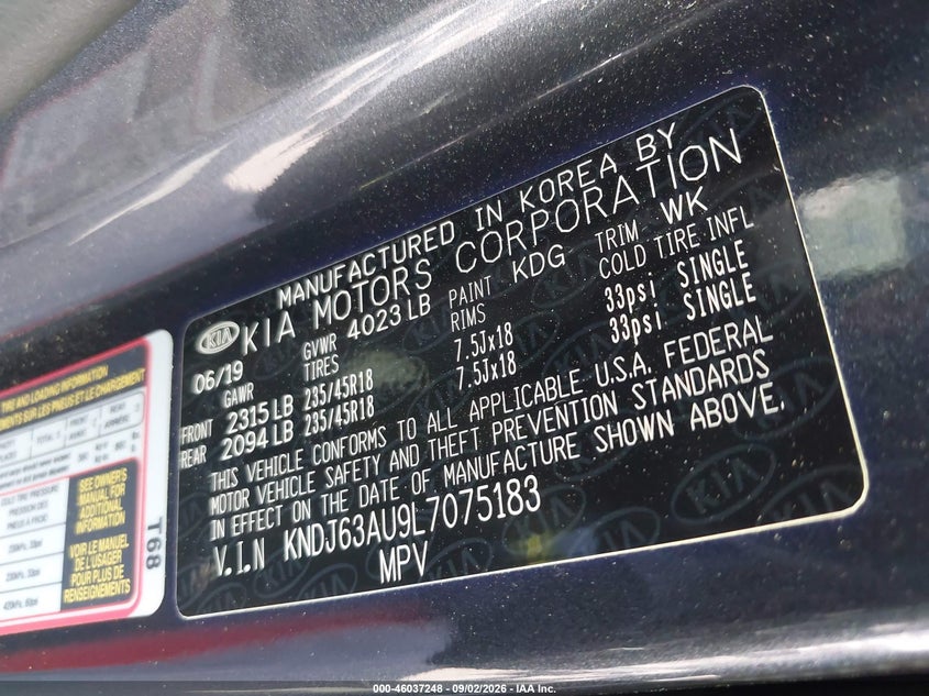 2020 Kia Soul VIN KNDJ63AU9L7075183 IAAI salvage auction — RIGHT SIDE, Salvage Title, sold $1,850 on 2026-09-16 (photo 9)