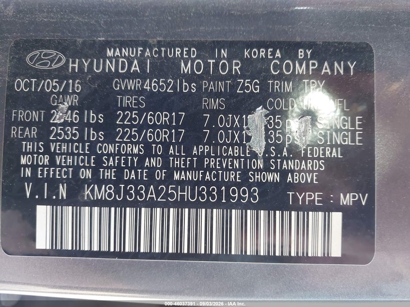2017 Hyundai Tucson VIN KM8J33A25HU331993 IAAI salvage auction — NORMAL WEAR, Clear (Illinois), sold $275 on 2026-10-04 (photo 9)