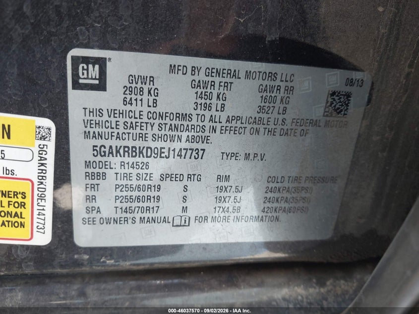 2014 Buick Enclave VIN 5GAKRBKD9EJ147737 IAAI salvage auction — FRONT END, Salvage (Arizona), sold $925 on 2026-09-22 (photo 9)