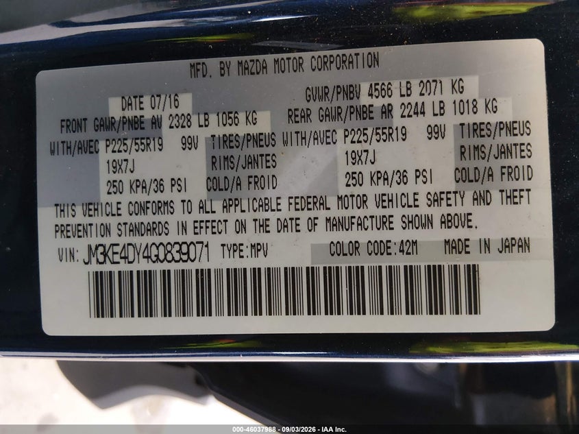 2016 Mazda Cx-5 VIN JM3KE4DY4G0839071 IAAI salvage auction — FRONT END, Wait Title, sold $2,900 on 2026-09-29 (photo 9)