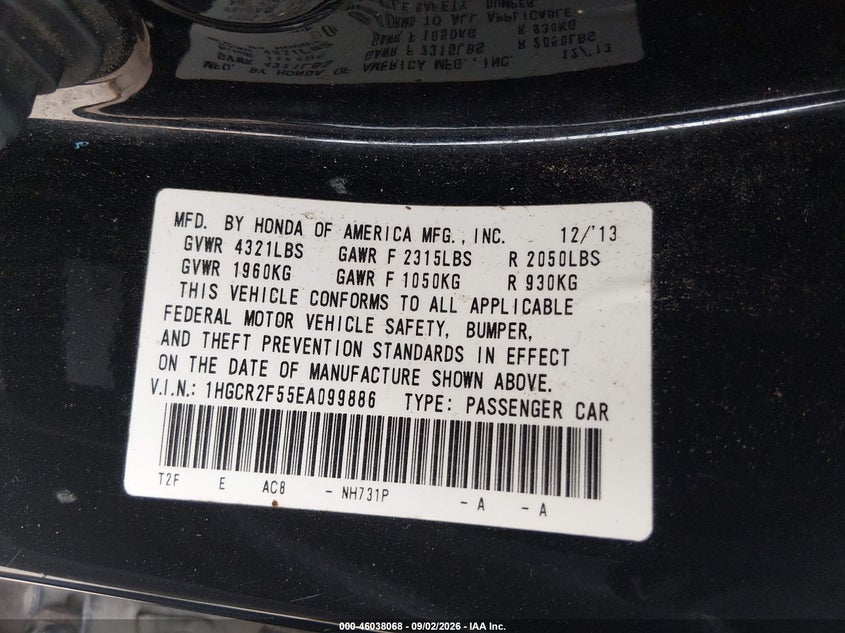 2014 Honda Accord VIN 1HGCR2F55EA099886 IAAI salvage auction — NORMAL WEAR, Original (Texas), sold $1,250 on 2026-09-23 (photo 9)