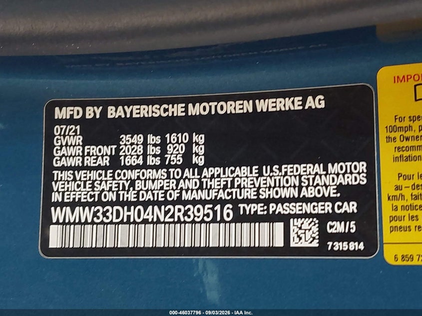 2022 Mini Hard top VIN WMW33DH04N2R39516 IAAI salvage auction — FRONT END, Wait Title, sold $2,900 on 2026-09-20 (photo 9)