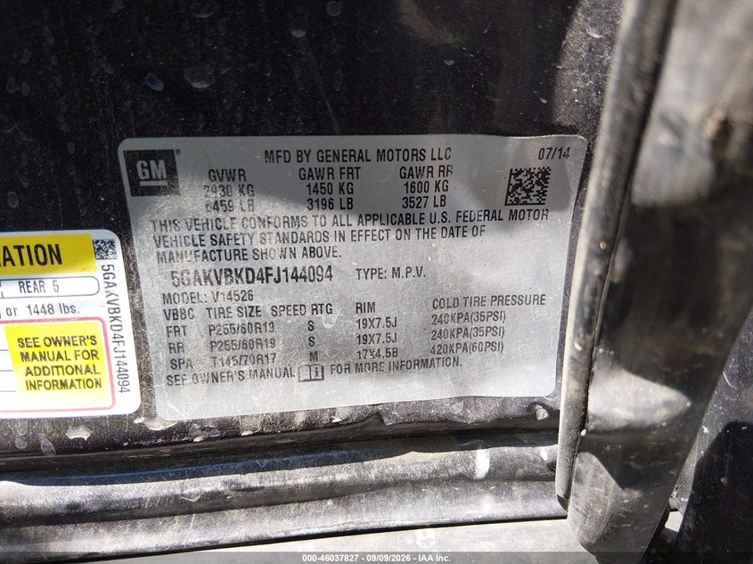 2015 Buick Enclave VIN 5GAKVBKD4FJ144094 IAAI salvage auction — SIDE, Salvage (Ohio), sold $1,900 on 2026-09-30 (photo 9)