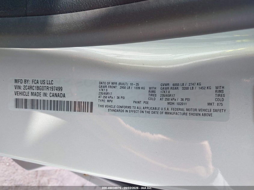 2026 Chrysler Pacifica VIN 2C4RC1BG0TR197499 IAAI salvage auction — STORM DAMAGE, Enterprise Vehicles Clear Only (New York), sold $18,500 on 2026-09-13 (photo 9)