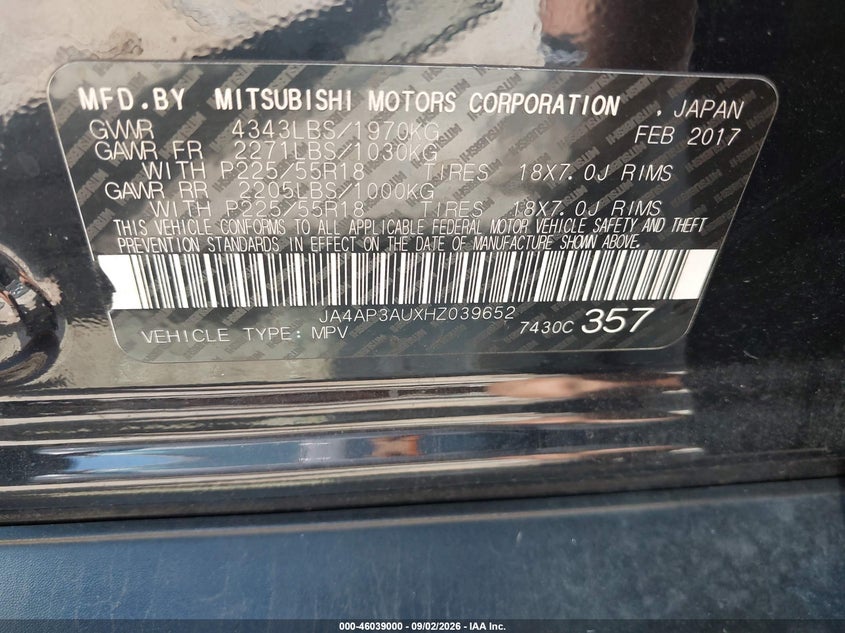 2017 Mitsubishi Outlander VIN JA4AP3AUXHZ039652 IAAI salvage auction — FRONT END, Clear (Indiana), sold $2,500 on 2026-09-15 (photo 9)