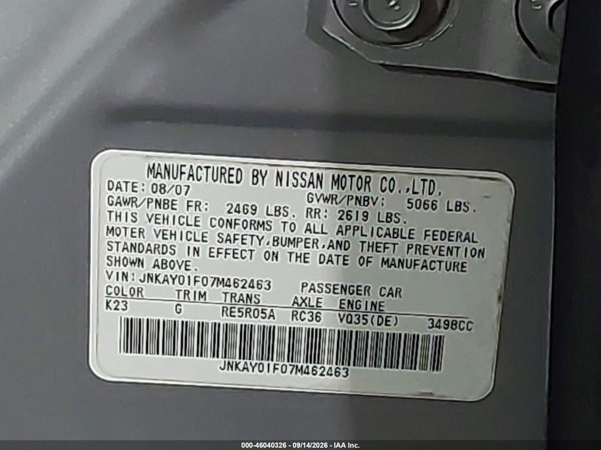 2007 Infiniti M VIN JNKAY01F07M462463 IAAI salvage auction — FRONT END, Clear (Virginia), sold $875 on 2026-09-27 (photo 9)