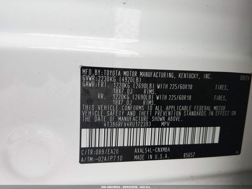 2024 Toyota Rav 4 VIN 4T3B6RFV4RU172393 IAAI salvage auction — RIGHT FRONT, Wait Title, sold $12,700 on 2026-09-21 (photo 9)
