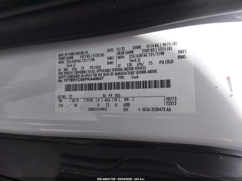 2023 Ford Transit VIN 1FTBR1C88PKA49807 IAAI salvage auction — FRONT END, Wait Title, sold $3,400 on 2026-10-07 (photo 9)