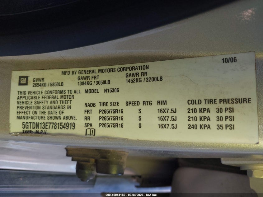 2007 Hummer H3 VIN 5GTDN13E778154919 IAAI salvage auction — ROLLOVER, Salvage (Arizona), sold $2,400 on 2026-10-06 (photo 9)