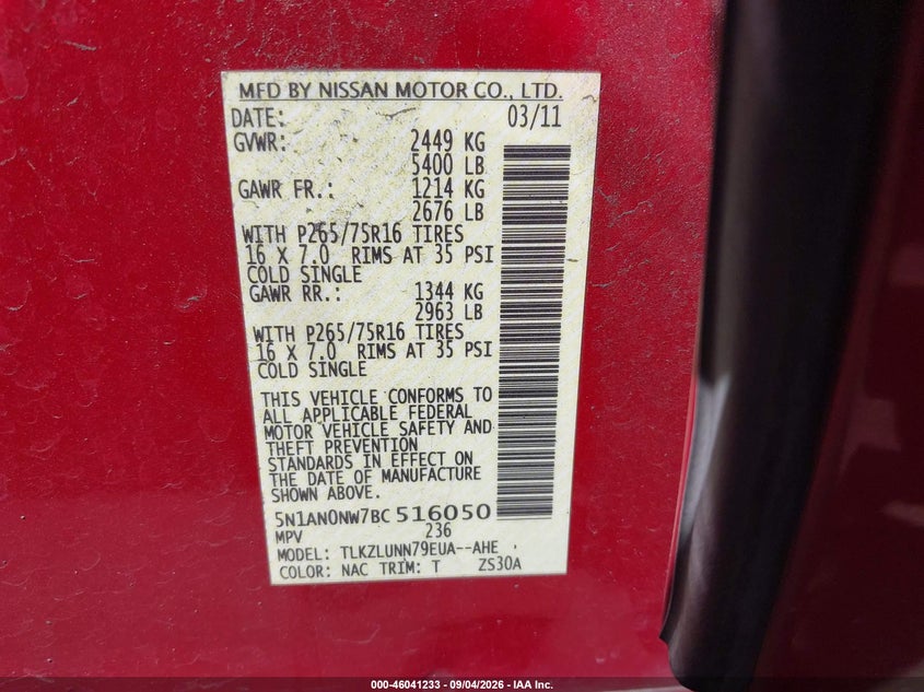 2011 Nissan Xterra VIN 5N1AN0NW7BC516050 IAAI salvage auction — FRONT END, Salvage Certificate (California), sold $1,025 on 2026-09-25 (photo 9)