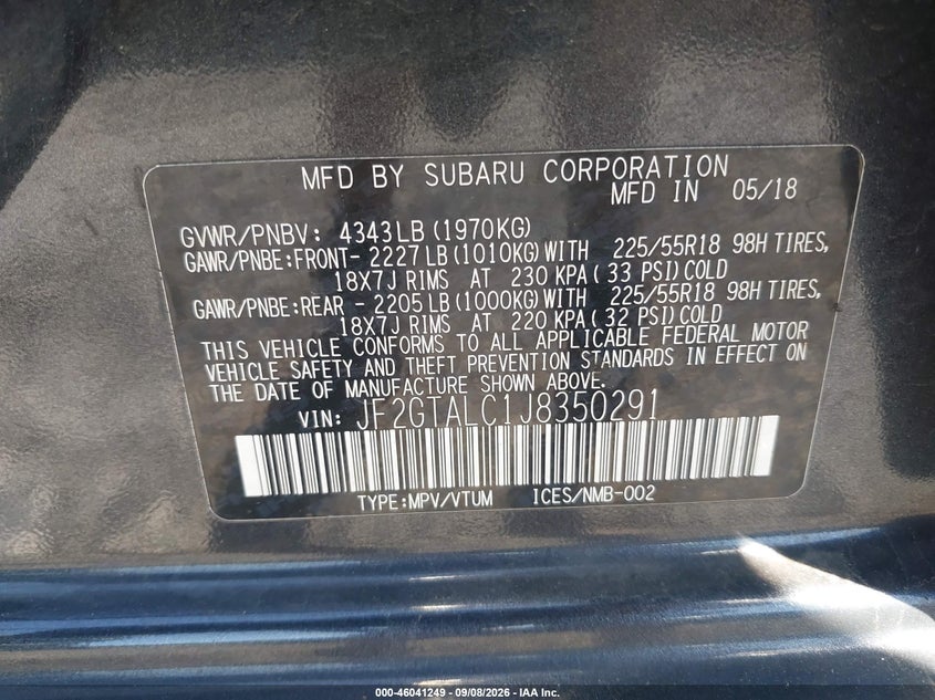 2018 Subaru Xv VIN JF2GTALC1J8350291 IAAI salvage auction — REAR END, Salvage (Idaho), sold $0 on 2026-10-08 (photo 9)