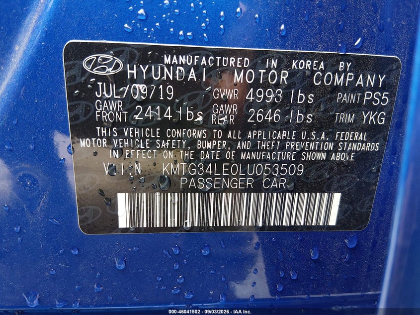 2020 Genesis G70 VIN KMTG34LE0LU053509 IAAI salvage auction — RIGHT FRONT, Wait Title, sold $4,050 on 2026-10-05 (photo 9)
