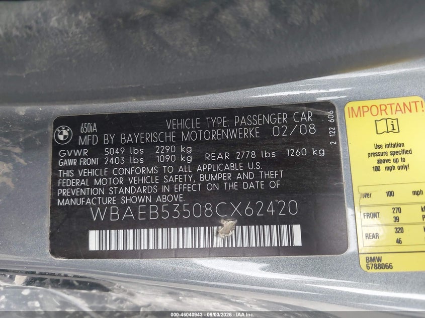 2008 BMW 6 series VIN WBAEB53508CX62420 IAAI salvage auction — WATER/FLOOD, Mv-907A (New York), sold $1,075 on 2026-10-06 (photo 9)
