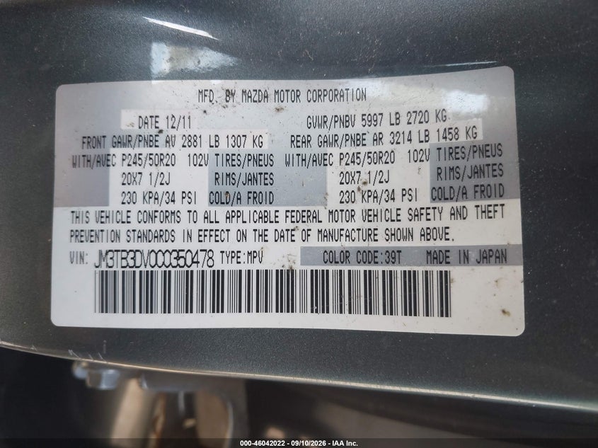 2012 Mazda Cx-9 VIN JM3TB3DV0C0350478 IAAI salvage auction — SIDE, Salvage Title, sold $0 on 2026-10-04 (photo 9)
