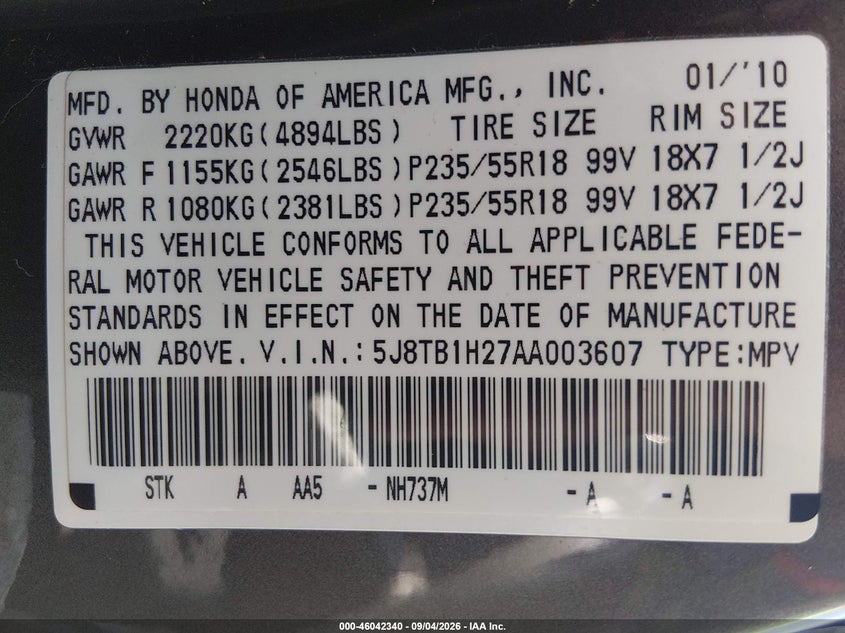 2010 Acura Rdx VIN 5J8TB1H27AA003607 IAAI salvage auction — FRONT END, Salvage (Georgia), sold $275 on 2026-10-07 (photo 9)