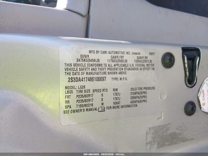 2008 Suzuki Xl-7 VIN 2S3DA417486106697 IAAI salvage auction — NORMAL WEAR, Clear - Dealer Only (California), sold $275 on 2026-09-21 (photo 9)