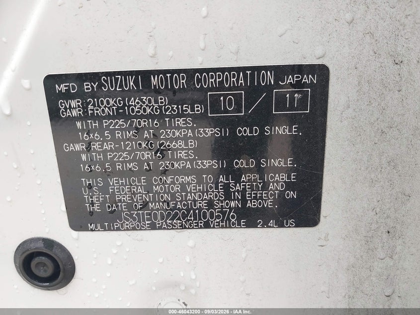 2012 Suzuki Grand vitara VIN JS3TE0D22C4100576 IAAI salvage auction — NORMAL WEAR, Original (Texas), sold $25 on 2026-09-24 (photo 9)