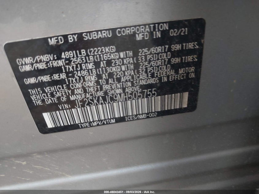 2021 Subaru Forester VIN JF2SKAJC9MH505755 IAAI salvage auction — FRONT END, Salvage Title, sold $4,000 on 2026-10-10 (photo 9)