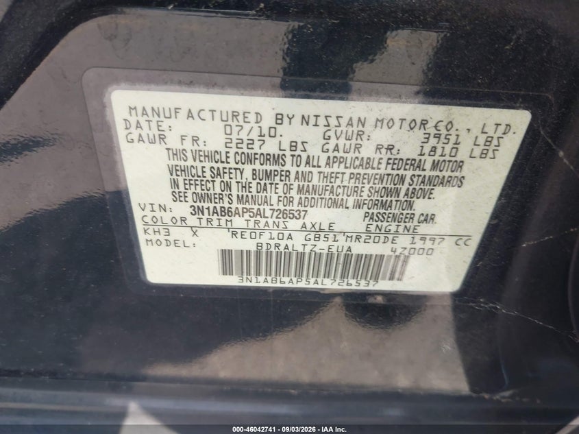 2010 Nissan Sentra VIN 3N1AB6AP5AL726537 IAAI salvage auction — REPOSSESSION, Clear (Georgia), sold $600 on 2026-09-15 (photo 9)